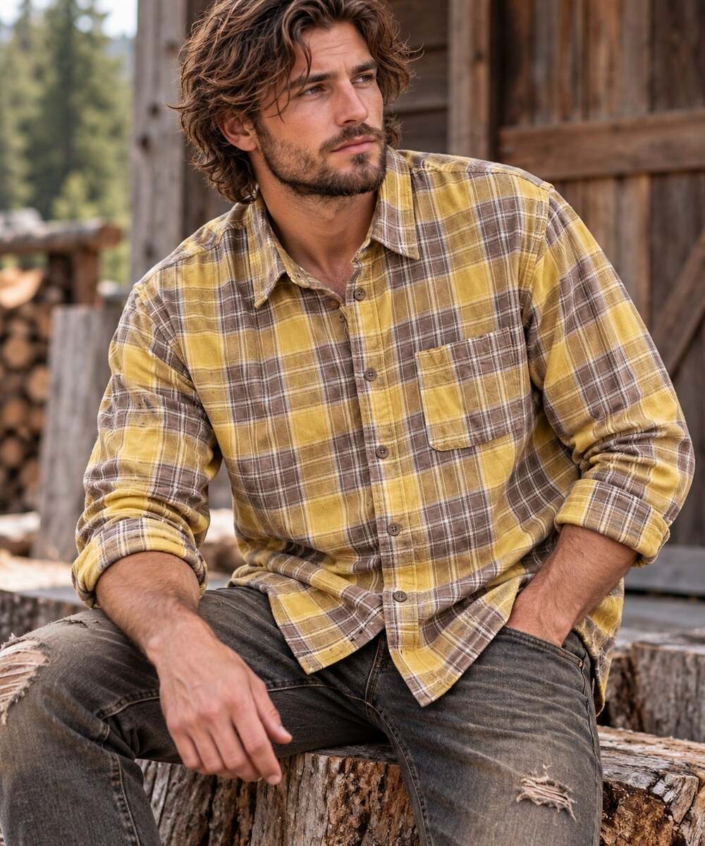 ZARA Men's XL Plaid Button-Up 100% Cotton Shirt Yellow Brown Lumberjack Grunge
